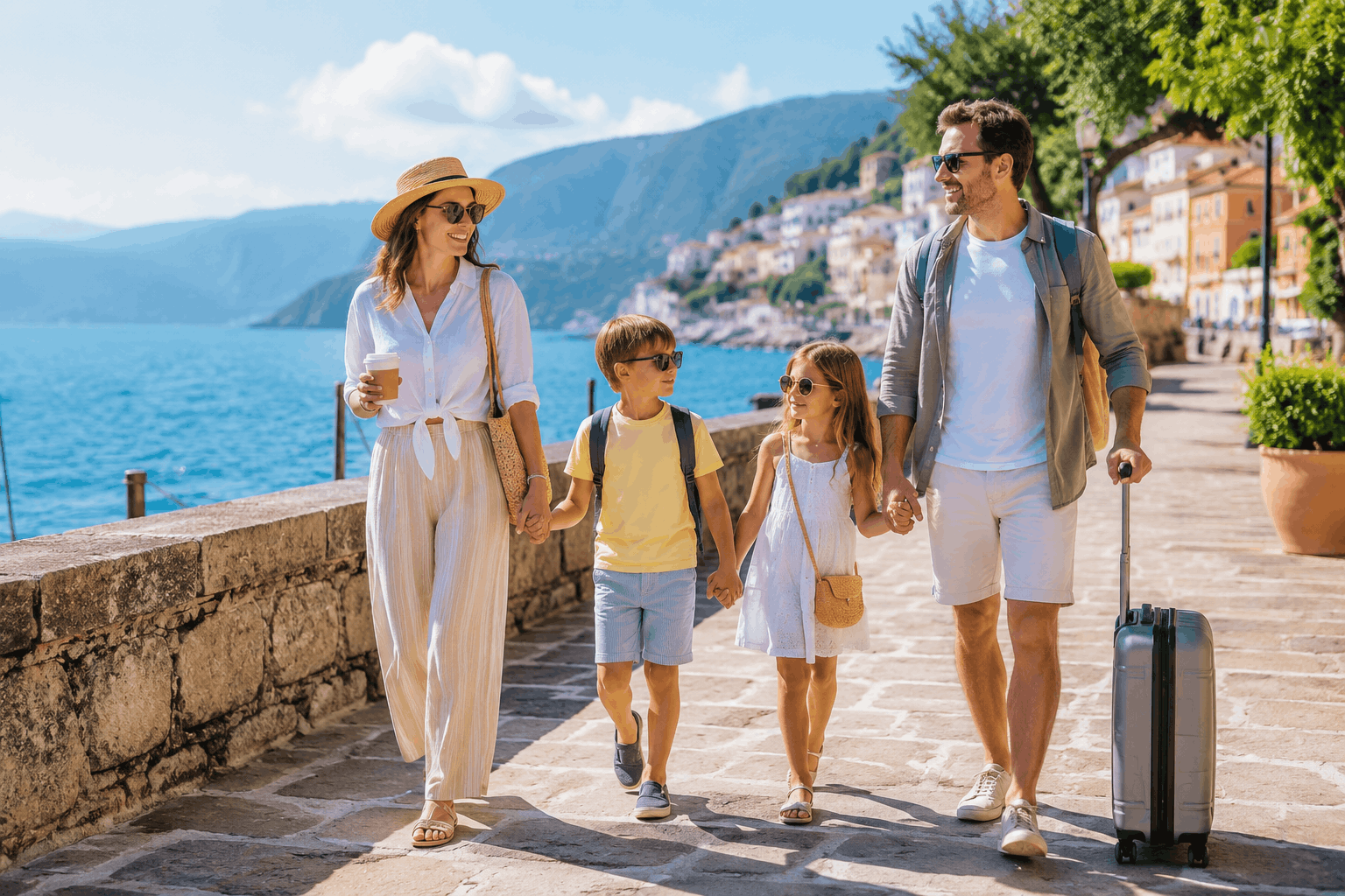 Family walking near a bright seaside promenade during a worldwide holiday