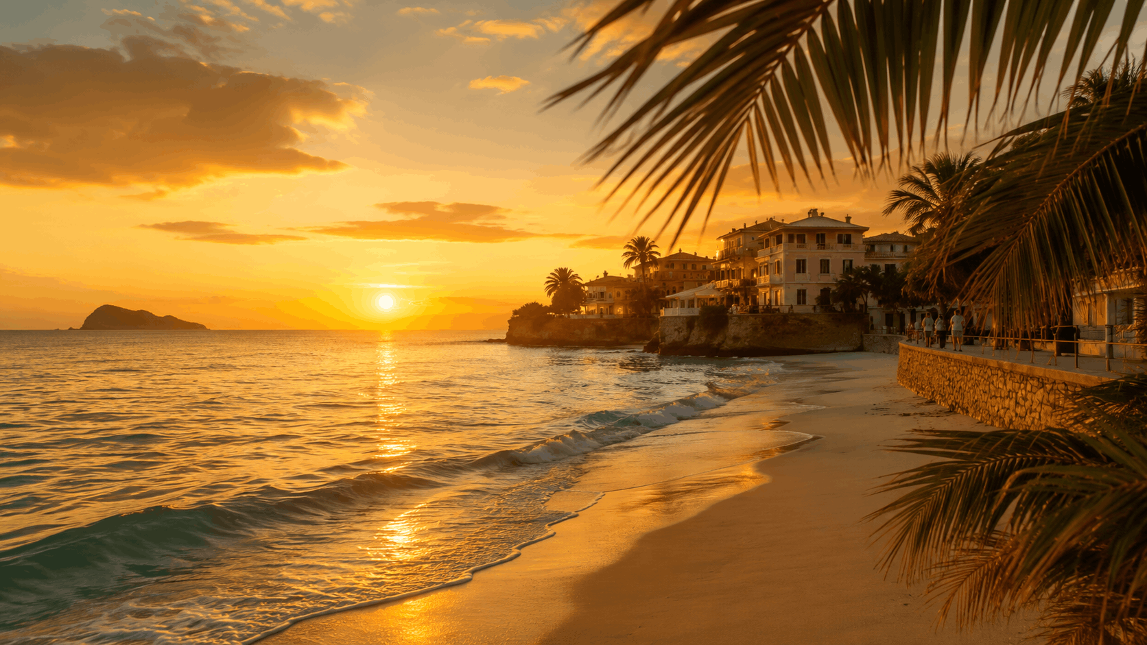 Warm coastal sunset over a calm global travel destination