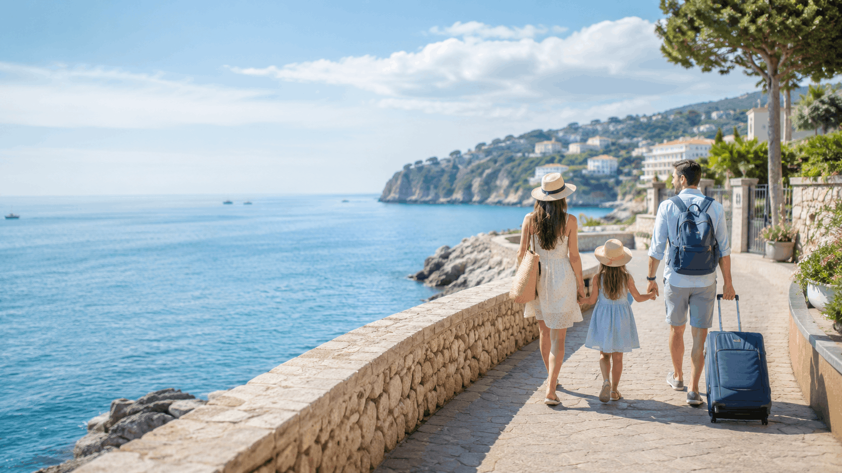 Bright worldwide coastal travel scene with beach path, luggage and sunlight